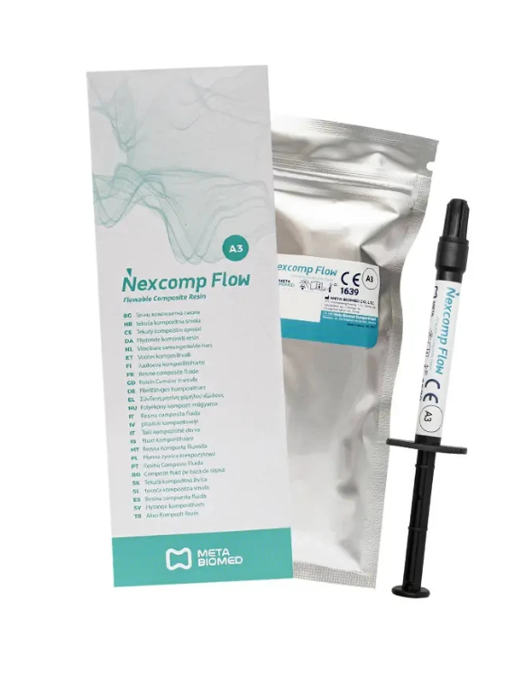 MetaBiomed Nexcomp Flow nano hybrid flowable composite resin syringe with applicator tips in shades A1 A2 A3 A3.5