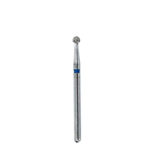 Round dental diamond bur with long shank and blue medium grit indicator band.