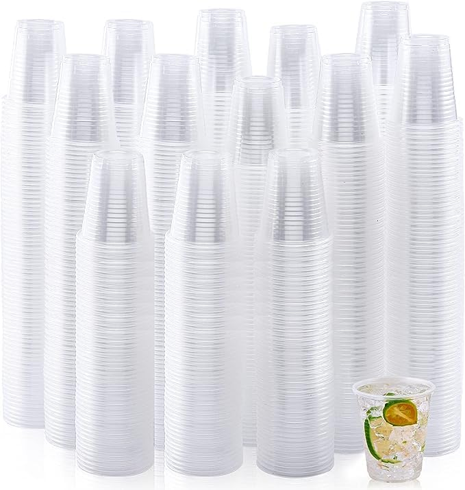 Pack of 100 transparent disposable plastic cups for dental and clinical use.