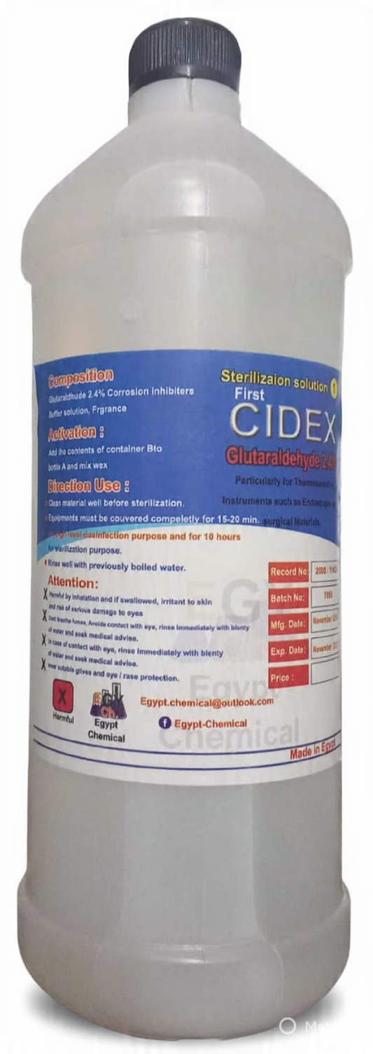 CIDEX 2.4% activated glutaraldehyde solution 1 liter bottle for high-level medical instrument disinfection.