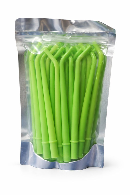 Pack of 100 green surgical aspirator suction tips for dental surgery.