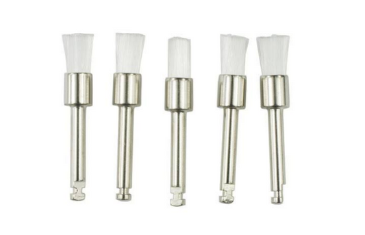 Small linen dental polishing brush for achieving high-gloss finish on composite and ceramic restorations.