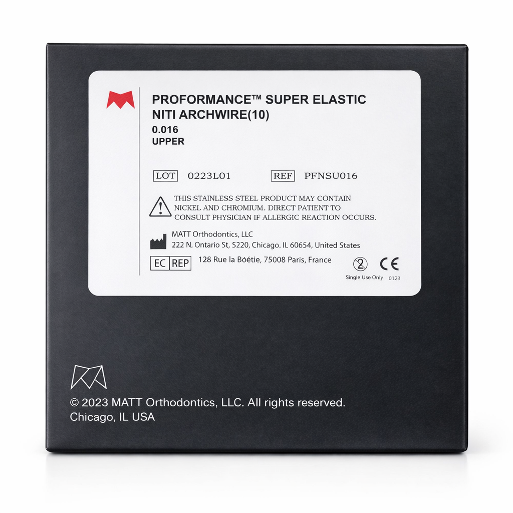 Pack of 5 Matt Ortho PROFormance reverse curve NiTi round archwires for bite correction.