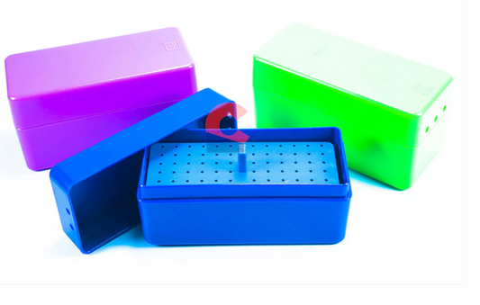 Rotex small dental bur holder box with perforated tray for organizing and sterilizing dental burs