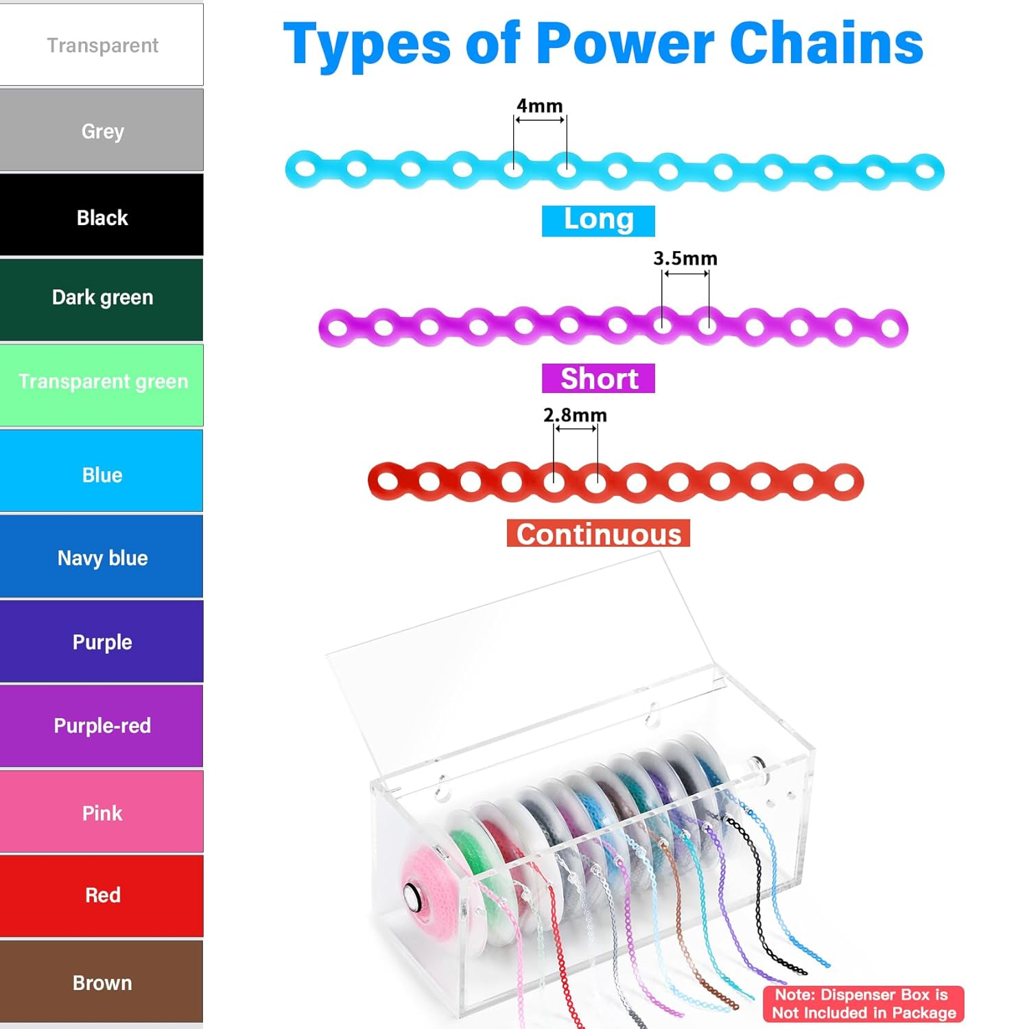 Types of power chains with color options and a clear box containing various chains.