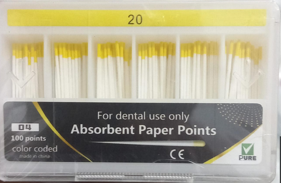 Pack of dental absorbent paper points with a yellow and white color scheme.