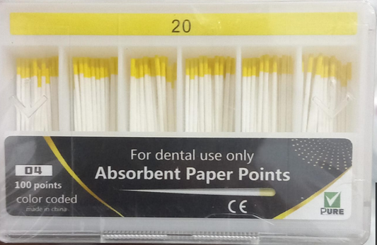 Pack of dental absorbent paper points with a yellow and white color scheme.