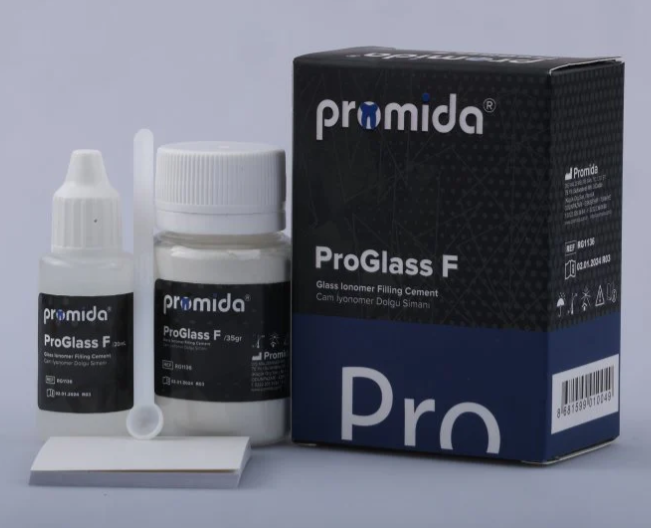 Promida ProGlass F glass ionomer filling cement powder and liquid set with mixing accessories