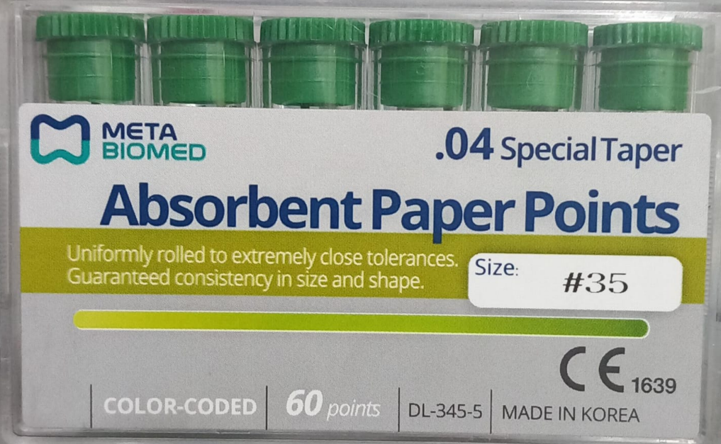 Meta Biomed absorbent paper points special taper 35 04 box of 60 points for drying root canals prepared with 4 percent taper