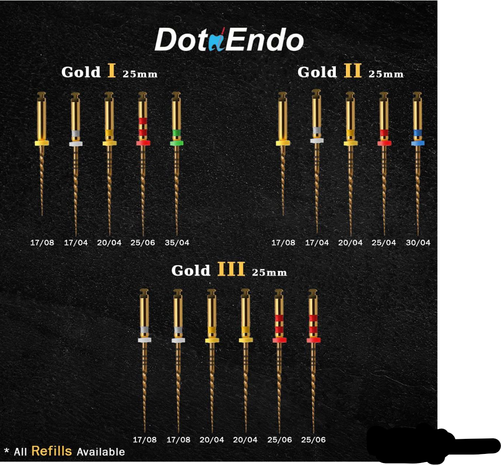 Dota Gold assorted rotary endodontic files kit with five nickel titanium files for root canal preparation