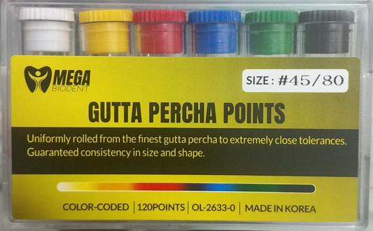 Meta Biomed gutta percha points size 80 length 45 mm box of 120 points for root canal obturation