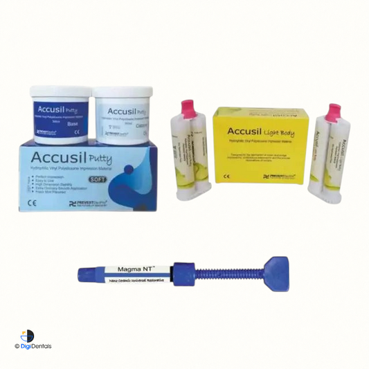 Prevest Accusil A Silicone Putty and Light Body impression material bundle with free Magma NT A3 composite syringe