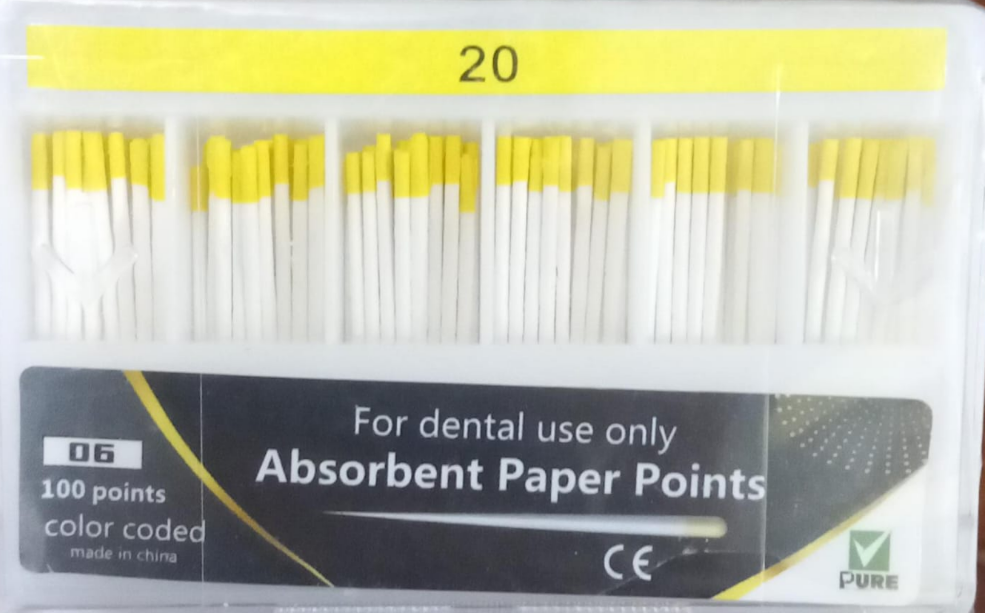 Pack of dental absorbent paper points with packaging indicating 'For dental use only'.