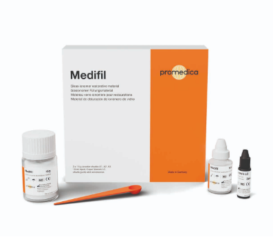 Medifil glass ionomer restorative cement powder and liquid kit with mixing accessories
