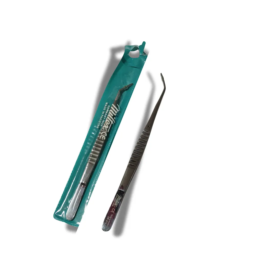 Pair of tweezers with a green case on a white background