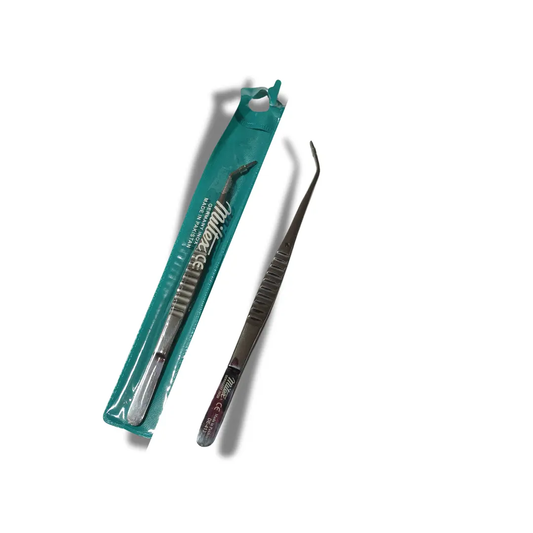 Pair of tweezers with a green case on a white background