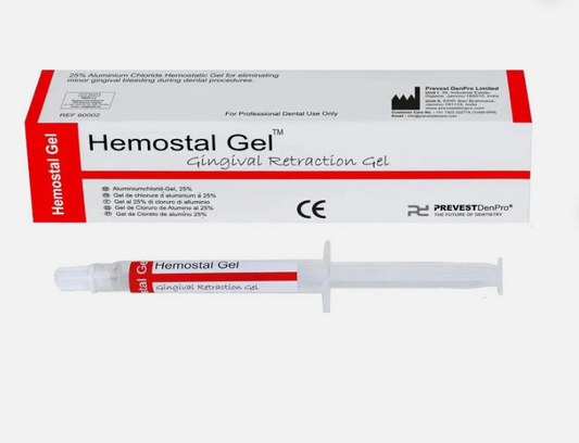 Dental aluminum chloride hemostatic gel syringe used for controlling gingival bleeding during restorative procedures