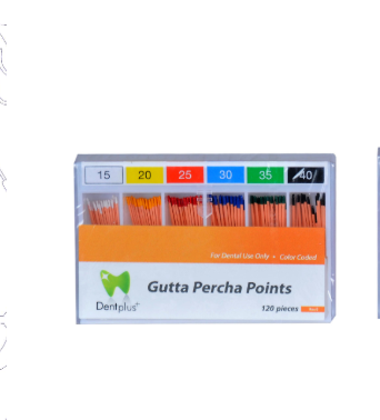 DentPlus gutta percha points .02 taper assorted ISO sizes box of 120 points for root canal obturation