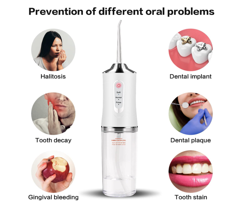 Portable cordless water flosser with 230ml detachable tank, multiple cleaning modes, and interchangeable nozzles.