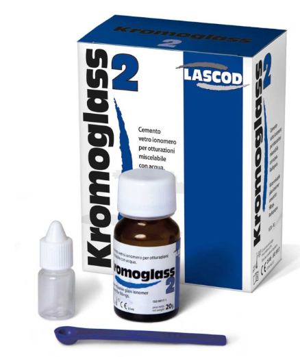 Lascod Kromoglass 2 glass ionomer filling cement kit with powder bottle liquid dropper and scoop