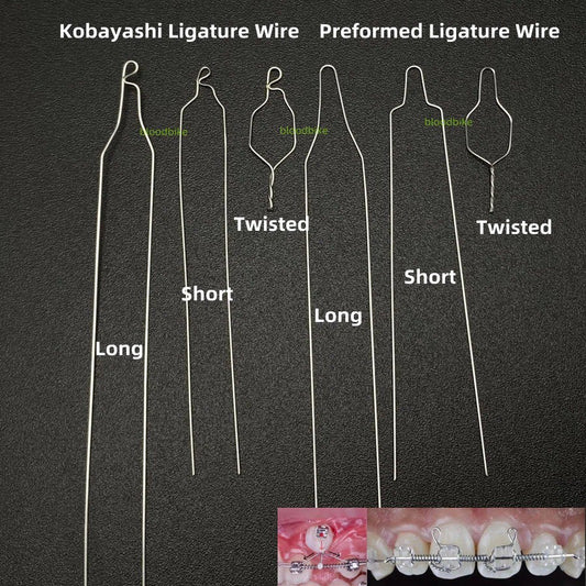 Stainless steel Kobayashi and preformed orthodontic ligature wire ties in long, short, and twisted variants for fixed appliance therapy.