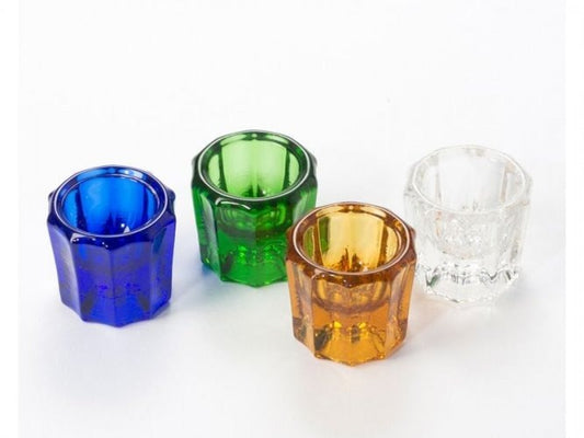 Glass dappen dishes in assorted colors used for dispensing dental bonding agents and adhesives chairside.