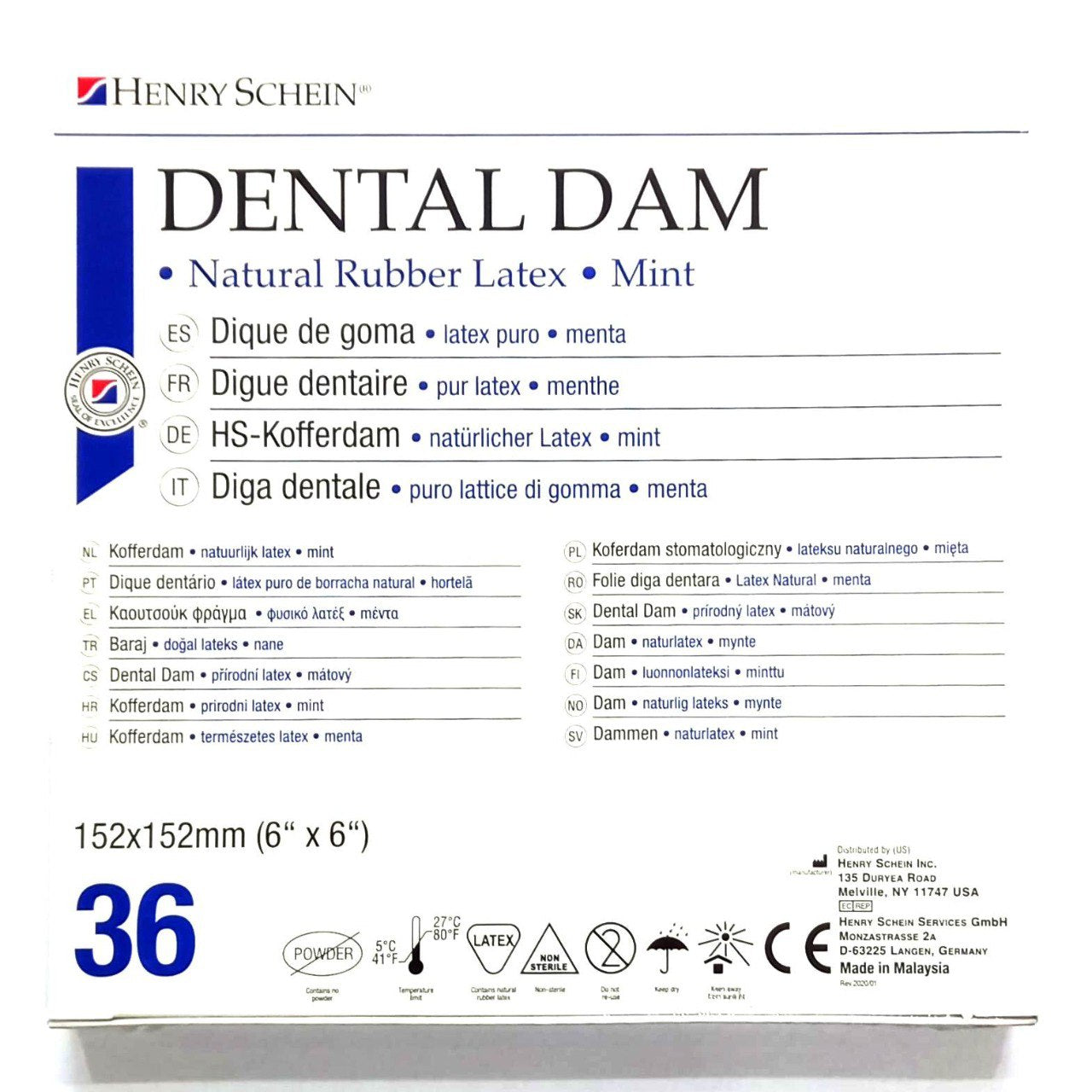 Henry Schein natural rubber latex dental dam sheets mint scent 152x152mm powder-free pack of 36 for field isolation.