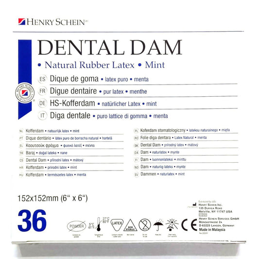Henry Schein natural rubber latex dental dam sheets mint scent 152x152mm powder-free pack of 36 for field isolation.