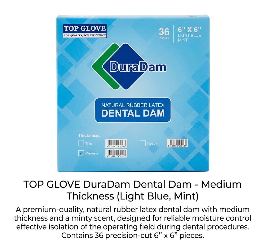 Top Glove DuraDam natural rubber latex dental dam sheets medium thickness light blue mint 6x6 inch pack of 36.
