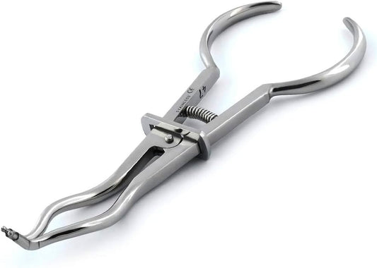 Stainless steel rubber dam clamp forceps 17.5cm with spring-loaded locking mechanism for clamp placement and removal.