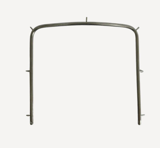 Stainless steel U-shaped rubber dam frame with peripheral retaining pins for dental dam sheet retention during isolation procedures.