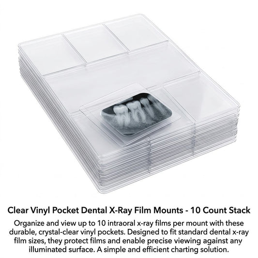 Clear transparent vinyl dental x-ray film mount with 10 pocket slots for intraoral periapical and bitewing film organization and viewing.