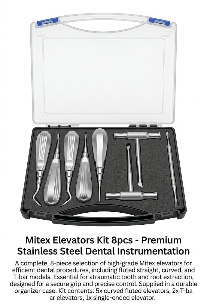Mitex 8-piece stainless steel root elevator kit with curved fluted and T-bar elevators in rigid carry case for dental extraction procedures.