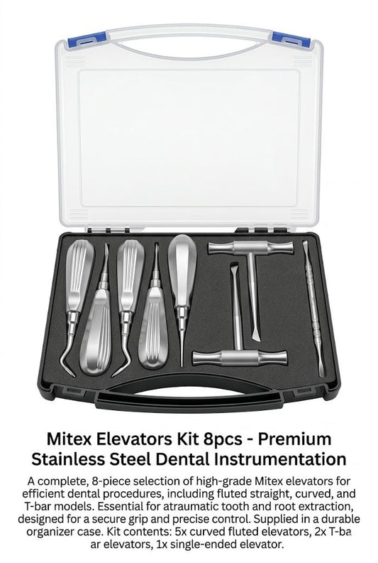 Mitex 8-piece stainless steel root elevator kit with curved fluted and T-bar elevators in rigid carry case for dental extraction procedures.