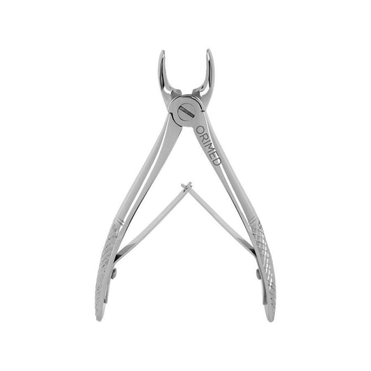 Pakistan pediatric stainless steel extraction forceps with reduced beaks for primary dentition tooth extraction in pediatric dental patients.