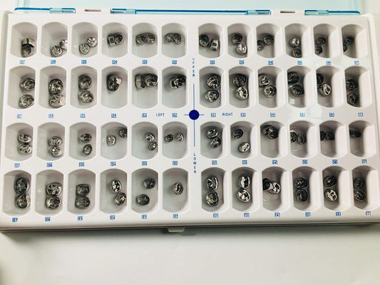 Stainless steel preformed primary molar crown for pediatric full coronal restoration following pulp therapy or extensive carious destruction.