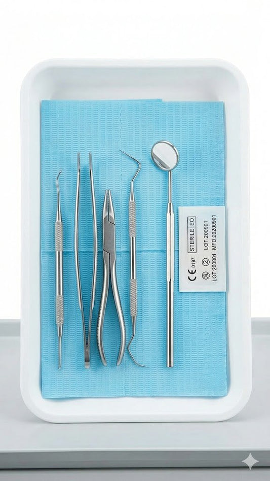 Dental diagnostic kit 5 piece stainless steel examination instrument set including mirror explorer periodontal probe tweezers and excavator for comprehensive clinical dental examination