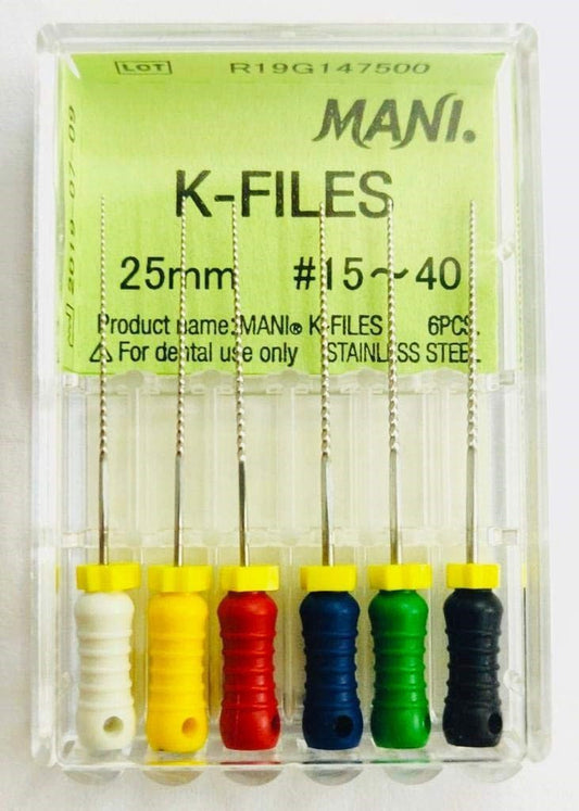 Mani manual K-file stainless steel endodontic hand file pack of 6 pieces for root canal negotiation patency establishment and manual canal preparation in endodontic procedures