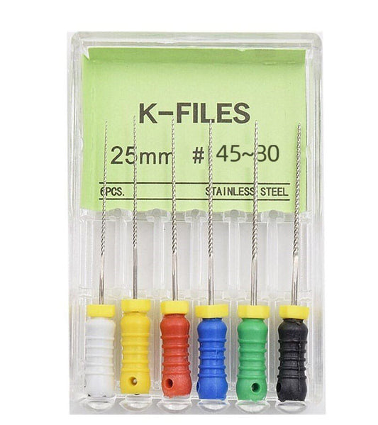 Set of K-files with colored handles in a clear plastic case on a white background