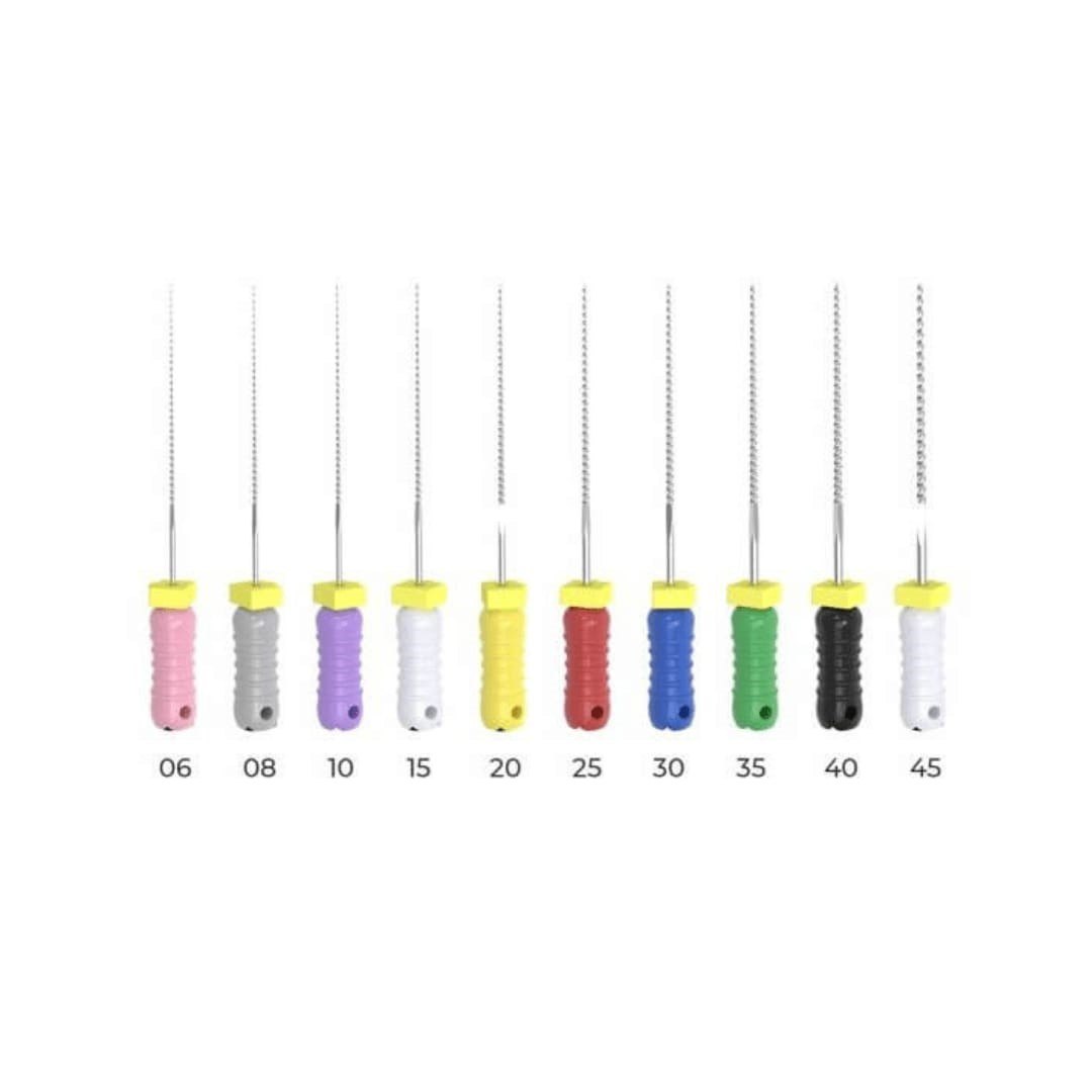 Set of colorful needle tools with measurement markings on a white background