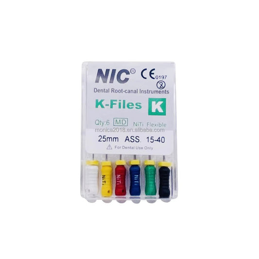 NIC manual K-file stainless steel endodontic hand file pack of 6 pieces for root canal negotiation patency establishment and manual canal preparation in endodontic procedures