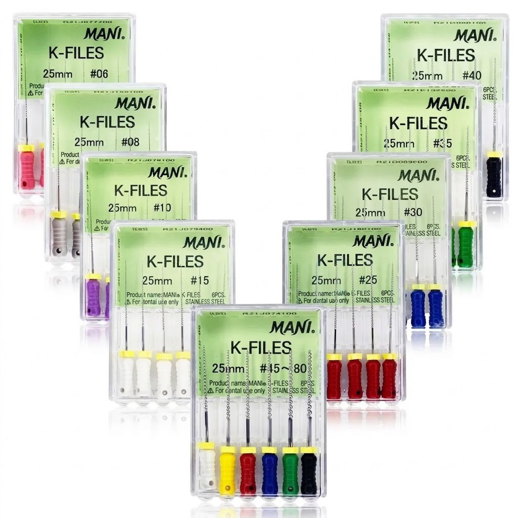Mani original manual K-file Japanese stainless steel endodontic hand file pack of 6 pieces for root canal negotiation patency and manual canal preparation in endodontic procedures