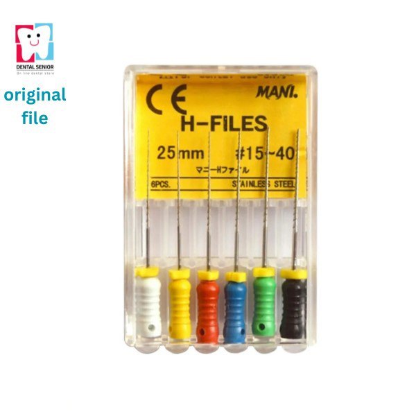 Mani original manual H-file Hedström Japanese stainless steel endodontic hand file pack of 6 pieces for root canal enlargement dentinal wall refinement and debris removal in endodontic procedures