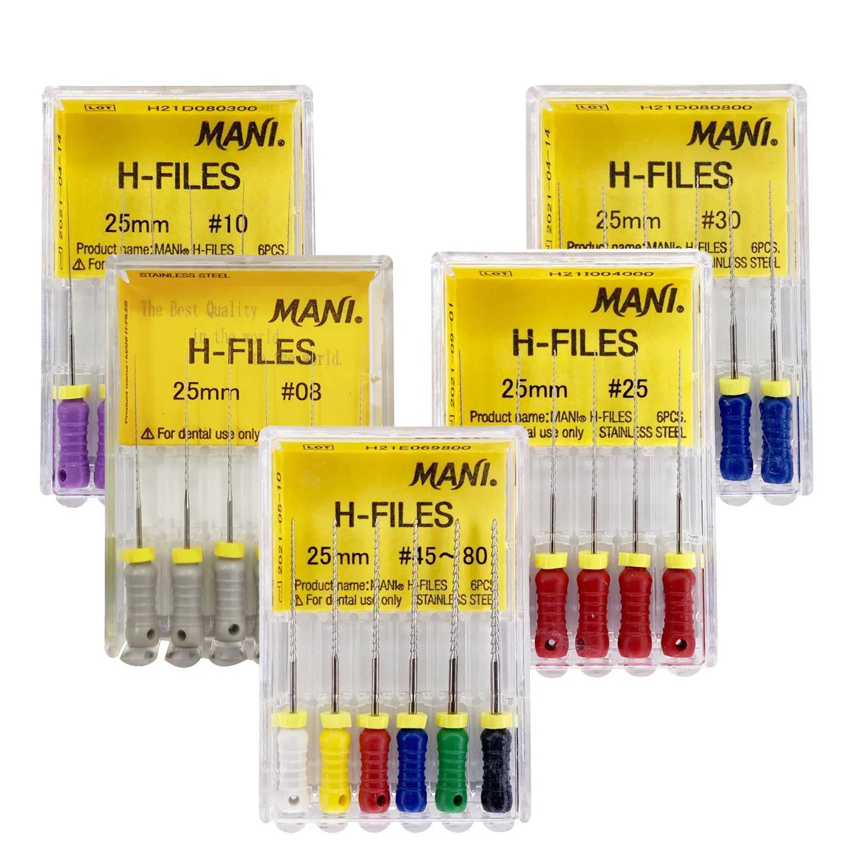 Mani manual H-file Hedström stainless steel endodontic hand file pack of 6 pieces for root canal enlargement dentinal wall refinement and debris removal in endodontic procedures