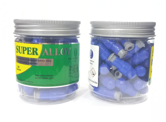 Two jars of Super Alloy dental materials on a white background