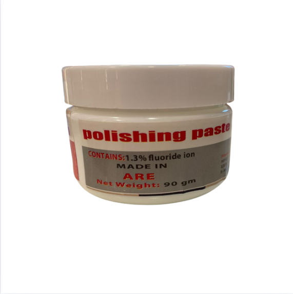 A white plastic jar of ARE polishing paste with a white lid and a white label featuring red and gray text, isolated on a white background.
