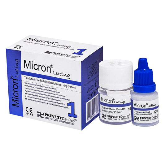 PREVEST DenPro Micron Luting Translucent Fine Particle Glass Ionomer Luting Cement kit, including a blue and white product box, a clear jar of powder, and a small bottle with a blue cap, on a white background.