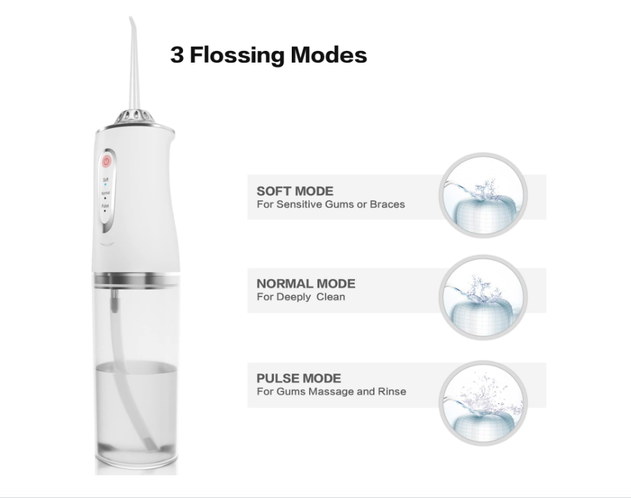 Water flosser with three flossing modes on a white background