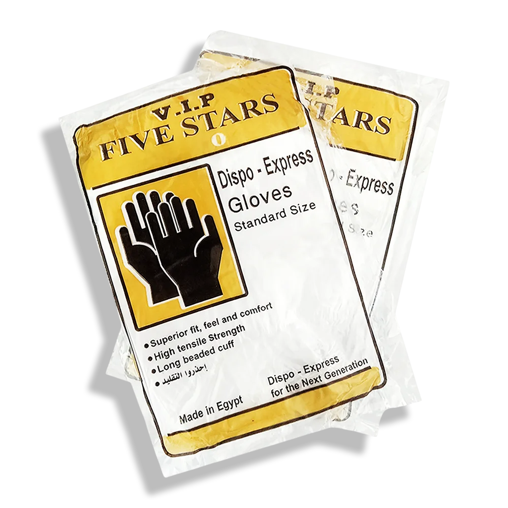 Two packages of Five Stars disposable gloves on a white background