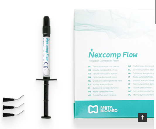 MetaBiomed Nexcomp Flow nano hybrid flowable composite resin syringe with applicator tips in shades A1 A2 A3 A3.5